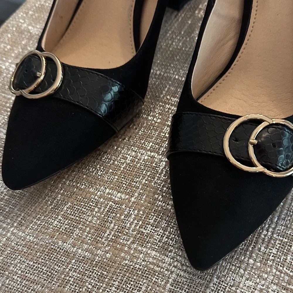 Michael By Michael Shannon Izabella Black Suade Block Heels Shoes with Buckle